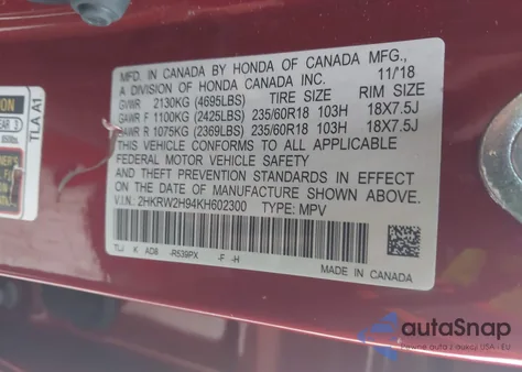 2019 Honda Cr-V Touring z USA, uszkodzony, nr VIN 2HKRW2H94KH602300